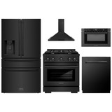 ZLINE 5-Piece Appliance Package - 30-Inch Paramount Dual Fuel Range, Wall Mount Range Hood, 36-Inch French Door Refrigerator with Water Dispenser, Dishwasher, and 24-Inch Microwave Drawer in Black Stainless Steel