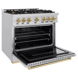 ZLINE 5-Piece Appliance Package - 36-Inch Autograph Edition Gas Range, Wall Mount Range Hood, 36-Inch French Door Refrigerator, Dishwasher, and 30-Inch Microwave Drawer in Stainless Steel with Champagne Bronze Accents
