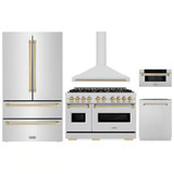 ZLINE 5-Piece Appliance Package - 48-Inch Autograph Edition Gas Range, Wall Mount Range Hood, 36-Inch French Door Refrigerator, Dishwasher, and 30-Inch Microwave Drawer in Stainless Steel with Champagne Bronze Accents
