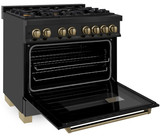 ZLINE 4-Piece Appliance Package - 36-Inch Legacy Dual Fuel Range, Wall Mount Range Hood, 36-Inch French Door Refrigerator, Dishwasher, in Black Stainless Steel with Champagne Bronze Accents