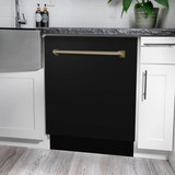 ZLINE 4-Piece Appliance Package - 36-Inch Legacy Dual Fuel Range, Wall Mount Range Hood, 36-Inch French Door Refrigerator, Dishwasher, in Black Stainless Steel with Champagne Bronze Accents