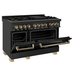 ZLINE 5-Piece Appliance Package - 48-Inch Legacy Dual Fuel Range, Wall Mount Range Hood, 36-Inch French Door Refrigerator with Water Dispenser, Dishwasher, and 30-Inch Microwave Drawer in Black Stainless Steel with Champagne Bronze Accents