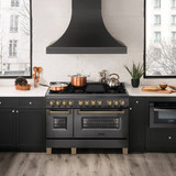 ZLINE 5-Piece Appliance Package - 48-Inch Legacy Dual Fuel Range, Wall Mount Range Hood, 36-Inch French Door Refrigerator with Water Dispenser, Dishwasher, and 30-Inch Microwave Drawer in Black Stainless Steel with Champagne Bronze Accents