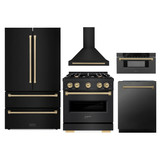 ZLINE 5-Piece Appliance Package - 30-Inch Autograph Edition Gas Range, Wall Mount Range Hood, 36-Inch French Door Refrigerator, Dishwasher, and 30-Inch Microwave Drawer in Black Stainless Steel with Champagne Bronze Accents