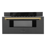 ZLINE 5-Piece Appliance Package - 36-Inch Autograph Edition Gas Range, Wall Mount Range Hood, 36-Inch French Door Refrigerator, Dishwasher, and 30-Inch Microwave Drawer in Black Stainless Steel with Gold Accents