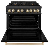 ZLINE 4-Piece Appliance Package - 36-Inch Legacy Dual Fuel Range, Wall Mount Range Hood, 36-Inch French Door Refrigerator with Water Dispenser, Dishwasher, in Black Stainless Steel with Gold Accents