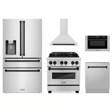 ZLINE 5-Piece Appliance Package - 30-Inch Legacy Autograph Dual Fuel Range, Wall Mount Range Hood, 36-Inch French Door Refrigerator with Water Dispenser, Dishwasher, and 24-Inch Microwave Drawer in Stainless Steel with Matte Black Accents