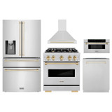 ZLINE 5-Piece Appliance Package - 30-Inch Autograph Edition Dual Fuel Range, Wall Mount Range Hood, 36-Inch French Door Refrigerator with Water Dispenser, Dishwasher, and 30-Inch Microwave Drawer in Stainless Steel with Gold Accents