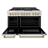 ZLINE 5-Piece Appliance Package - 48-Inch Legacy Autograph Dual Fuel Range, Wall Mount Range Hood, 36-Inch French Door Refrigerator, Dishwasher, and 24-Inch Microwave Drawer in Stainless Steel with Gold Accents