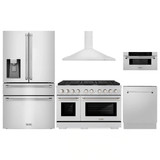 ZLINE 5-Piece Appliance Package - 48-Inch Paramount Gas Range, Wall Mount Range Hood, 36-Inch French Door Refrigerator with Water Dispenser, Dishwasher, and 30-Inch Microwave Drawer in Stainless Steel
