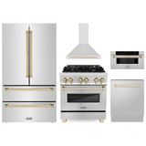 ZLINE 5-Piece Appliance Package - 30-Inch Legacy Autograph Dual Fuel Range, Wall Mount Range Hood, 36-Inch French Door Refrigerator, Dishwasher, and 30-Inch Microwave Drawer in Stainless Steel with Gold Accents