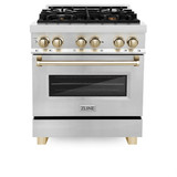 ZLINE 5-Piece Appliance Package - 30-Inch Legacy Autograph Dual Fuel Range, Wall Mount Range Hood, 36-Inch French Door Refrigerator, Dishwasher, and 30-Inch Microwave Drawer in Stainless Steel with Gold Accents