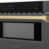 ZLINE 5-Piece Appliance Package - 30-Inch Autograph Edition Dual Fuel Range, Wall Mount Range Hood, 36-Inch French Door Refrigerator with Water Dispenser, Dishwasher, and 30-Inch Microwave Drawer in Black Stainless Steel with Champagne Bronze Accents