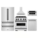ZLINE 5-Piece Appliance Package - 30-Inch Autograph Edition Dual Fuel Range, Wall Mount Range Hood, 36-Inch French Door Refrigerator, Dishwasher, and 30-Inch Microwave Drawer in Stainless Steel Matte Black Accents