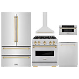 ZLINE 5-Piece Appliance Package - 30-Inch Autograph Edition Gas Range, Wall Mount Range Hood, 36-Inch French Door Refrigerator, Dishwasher, and 30-Inch Microwave Drawer in Stainless Steel with Gold Accents