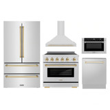 ZLINE 5-Piece Appliance Package - 36-Inch Autograph Edition Induction Range, Wall Mount Range Hood, 36-Inch French Door Refrigerator, Dishwasher, and 24-Inch Microwave Drawer in Stainless Steel with Gold Accents