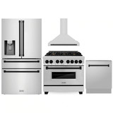 ZLINE 4-Piece Appliance Package - 36-Inch Legacy Autograph Dual Fuel Range, Wall Mount Range Hood, 36-Inch French Door Refrigerator with Water Dispenser, Dishwasher, in Stainless Steel with Matte Black Accents