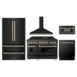 ZLINE 5-Piece Appliance Package - 48-Inch Legacy Dual Fuel Range, Wall Mount Range Hood, 36-Inch French Door Refrigerator, Dishwasher, and 30-Inch Microwave Drawer in Black Stainless Steel with Gold Accents