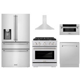 ZLINE 5-Piece Appliance Package - 30-Inch Paramount Gas Range, Wall Mount Range Hood, 36-Inch French Door Refrigerator with Water Dispenser, Dishwasher, and 30-Inch Microwave Drawer in Stainless Steel