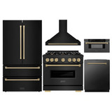ZLINE 5-Piece Appliance Package - 36-Inch Autograph Edition Gas Range, Wall Mount Range Hood, 36-Inch French Door Refrigerator, Dishwasher, and 30-Inch Microwave Drawer in Black Stainless Steel with Champagne Bronze Accents