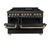 ZLINE 3-Piece Appliance Package - 48-Inch Legacy Dual Fuel Range, 36-Inch French Door Refrigerator, Dishwasher, in Black Stainless Steel with Champagne Bronze Accents