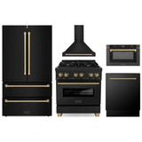 ZLINE 5-Piece Appliance Package - 30-Inch Legacy Dual Fuel Range, Wall Mount Range Hood, 36-Inch French Door Refrigerator, Dishwasher, and 24-Inch Microwave Drawer in Black Stainless Steel with Champagne Bronze Accents