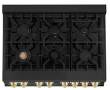 ZLINE 5-Piece Appliance Package - 36-Inch Legacy Dual Fuel Range, Wall Mount Range Hood, 36-Inch French Door Refrigerator, Dishwasher, and 24-Inch Microwave Drawer in Black Stainless Steel with Gold Accents