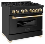 ZLINE 5-Piece Appliance Package - 36-Inch Legacy Dual Fuel Range, Wall Mount Range Hood, 36-Inch French Door Refrigerator, Dishwasher, and 24-Inch Microwave Drawer in Black Stainless Steel with Gold Accents