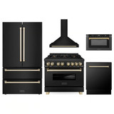 ZLINE 5-Piece Appliance Package - 36-Inch Legacy Dual Fuel Range, Wall Mount Range Hood, 36-Inch French Door Refrigerator, Dishwasher, and 24-Inch Microwave Drawer in Black Stainless Steel with Gold Accents