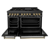 ZLINE 4-Piece Appliance Package - 48-Inch Legacy Dual Fuel Range, Wall Mount Range Hood, 36-Inch French Door Refrigerator, Dishwasher, in Black Stainless Steel with Champagne Bronze Accents