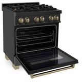 ZLINE 5-Piece Appliance Package - 30-Inch Legacy Dual Fuel Range, Wall Mount Range Hood, 36-Inch French Door Refrigerator, Dishwasher, and 30-Inch Microwave Drawer in Black Stainless Steel with Champagne Bronze Accents