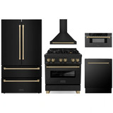 ZLINE 5-Piece Appliance Package - 30-Inch Legacy Dual Fuel Range, Wall Mount Range Hood, 36-Inch French Door Refrigerator, Dishwasher, and 30-Inch Microwave Drawer in Black Stainless Steel with Champagne Bronze Accents