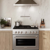 ZLINE 5-Piece Appliance Package - 36-Inch Paramount Gas Range, Wall Mount Range Hood, 36-Inch French Door Refrigerator with Water Dispenser, Dishwasher, and 24-Inch Microwave Drawer in Stainless Steel