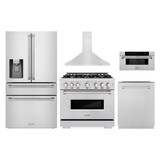 ZLINE 5-Piece Appliance Package - 36-Inch Classic Dual Fuel Range, Wall Mount Range Hood, 36-Inch French Door Refrigerator with Water Dispenser, Dishwasher, and 30-Inch Microwave Drawer in Stainless Steel