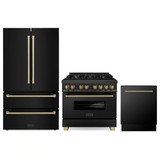 ZLINE 3-Piece Appliance Package - 36-Inch Legacy Dual Fuel Range, 36-Inch French Door Refrigerator, Dishwasher, in Black Stainless Steel with Champagne Bronze Accents