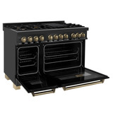 ZLINE 4-Piece Appliance Package - 48-Inch Legacy Dual Fuel Range, Wall Mount Range Hood, 36-Inch French Door Refrigerator with Water Dispenser, Dishwasher, in Black Stainless Steel with Champagne Bronze Accents