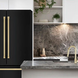 ZLINE 5-Piece Appliance Package - 48-Inch Autograph Edition Gas Range, Wall Mount Range Hood, 36-Inch French Door Refrigerator, Dishwasher, and 30-Inch Microwave Drawer in Black Stainless Steel with Champagne Bronze Accents