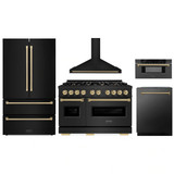 ZLINE 5-Piece Appliance Package - 48-Inch Autograph Edition Gas Range, Wall Mount Range Hood, 36-Inch French Door Refrigerator, Dishwasher, and 30-Inch Microwave Drawer in Black Stainless Steel with Champagne Bronze Accents