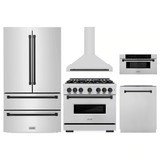 ZLINE 5-Piece Appliance Package - 36-Inch Autograph Edition Dual Fuel Range, Wall Mount Range Hood, 36-Inch French Door Refrigerator, Dishwasher, and 30-Inch Microwave Drawer in Stainless Steel Matte Black Accents