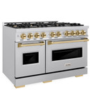 ZLINE 5-Piece Appliance Package - 48-Inch Autograph Edition Gas Range, Wall Mount Range Hood, 36-Inch French Door Refrigerator, Dishwasher, and 30-Inch Microwave Drawer in Stainless Steel with Gold Accents