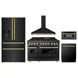 ZLINE 5-Piece Appliance Package - 48-Inch Legacy Dual Fuel Range, Wall Mount Range Hood, 36-Inch French Door Refrigerator with Water Dispenser, Dishwasher, and 30-Inch Microwave Drawer in Black Stainless Steel with Gold Accents