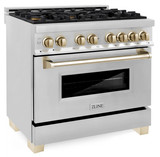 ZLINE 3-Piece Appliance Package - 36-Inch Legacy Autograph Dual Fuel Range, 36-Inch French Door Refrigerator, Dishwasher, in Stainless Steel with Gold Accents