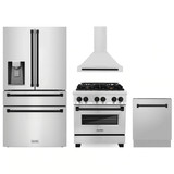 ZLINE 4-Piece Appliance Package - 30-Inch Legacy Autograph Dual Fuel Range, Wall Mount Range Hood, 36-Inch French Door Refrigerator with Water Dispenser, Dishwasher, in Stainless Steel with Matte Black Accents