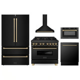 ZLINE 5-Piece Appliance Package - 36-Inch Legacy Dual Fuel Range, Wall Mount Range Hood, 36-Inch French Door Refrigerator, Dishwasher, and 24-Inch Microwave Drawer in Black Stainless Steel with Champagne Bronze Accents