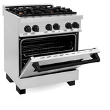 ZLINE 5-Piece Appliance Package - 30-Inch Legacy Autograph Dual Fuel Range, Wall Mount Range Hood, 36-Inch French Door Refrigerator with Water Dispenser, Dishwasher, and 30-Inch Microwave Drawer in Stainless Steel with Matte Black Accents