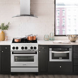ZLINE 5-Piece Appliance Package - 30-Inch Legacy Autograph Dual Fuel Range, Wall Mount Range Hood, 36-Inch French Door Refrigerator with Water Dispenser, Dishwasher, and 30-Inch Microwave Drawer in Stainless Steel with Matte Black Accents
