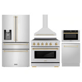 ZLINE 5-Piece Appliance Package - 36-Inch Autograph Edition Induction Range, Wall Mount Range Hood, 36-Inch French Door Refrigerator with Water Dispenser, Dishwasher, and 24-Inch Microwave Drawer in Stainless Steel with Gold Accents