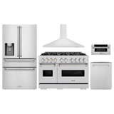 ZLINE 5-Piece Appliance Package - 48-Inch Classic Gas Range, Wall Mount Range Hood, 36-Inch French Door Refrigerator with Water Dispenser, Dishwasher, and 30-Inch Microwave Drawer in Stainless Steel