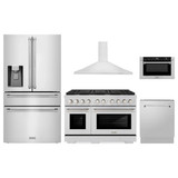 ZLINE 5-Piece Appliance Package - 48-Inch Paramount Gas Range, Wall Mount Range Hood, 36-Inch French Door Refrigerator with Water Dispenser, Dishwasher, and 24-Inch Microwave Drawer in Stainless Steel