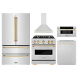 ZLINE 5-Piece Appliance Package - 30-Inch Autograph Edition Dual Fuel Range, Wall Mount Range Hood, 36-Inch French Door Refrigerator, Dishwasher, and 30-Inch Microwave Drawer in Stainless Steel with Gold Accents